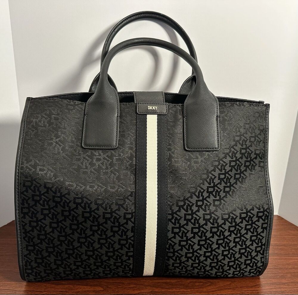 DKNY Carlita Large Book Laptop Tote Bag NWT Black Monogram Logo Stripe Handbag